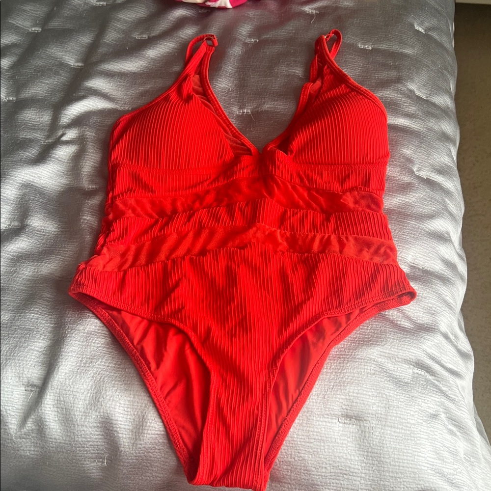 TiniBikini Bright Red Ribbed V-Neck One-Piece Swimsuit